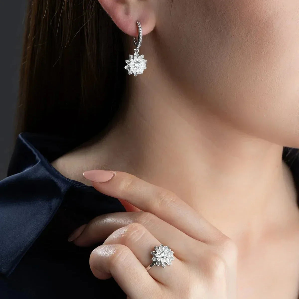 LOTUSBLUME RING OHRRING SET | 925 SILBER