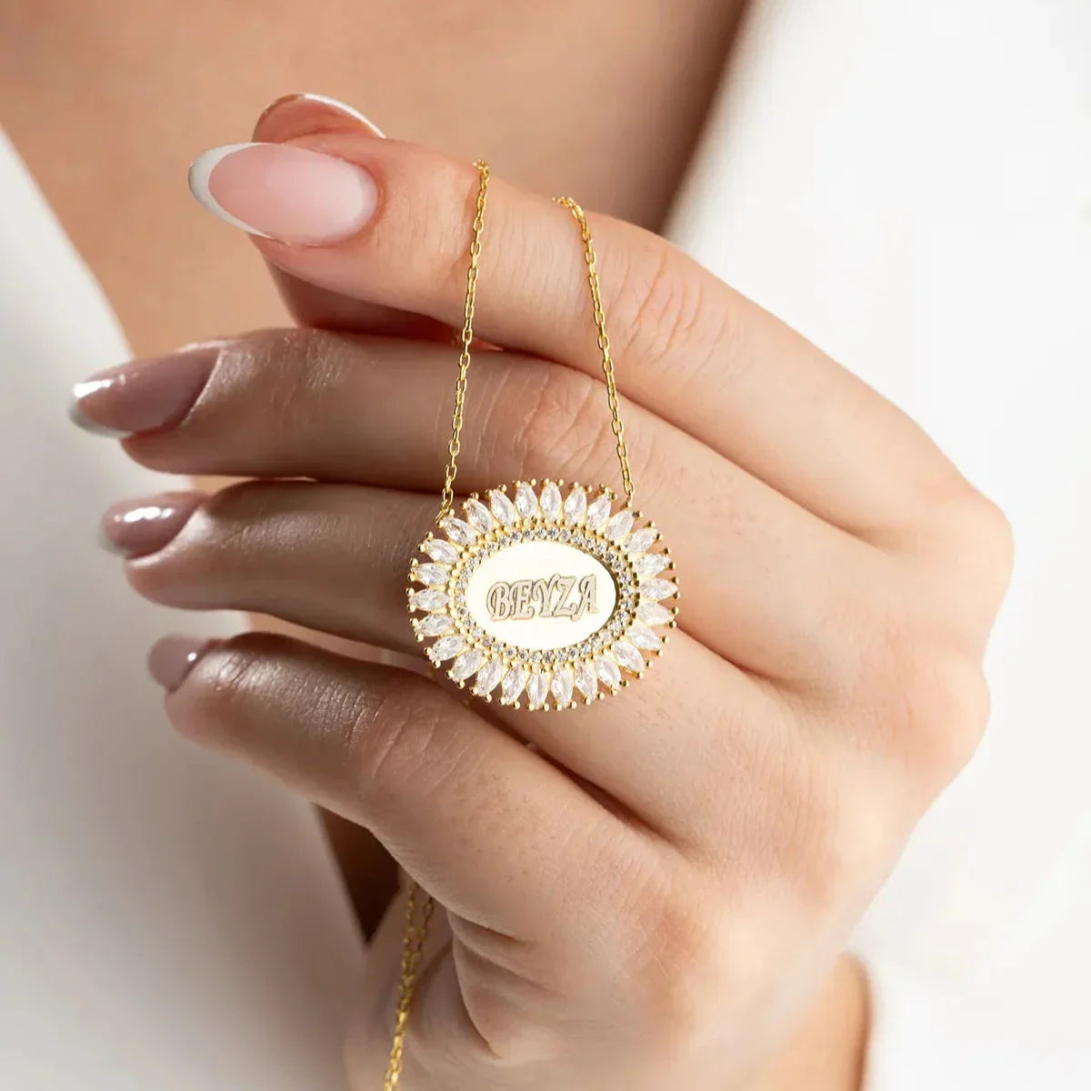 OVAL BAGUETTE STEIN GRAVUR HALSKETTE | 925 SILBER