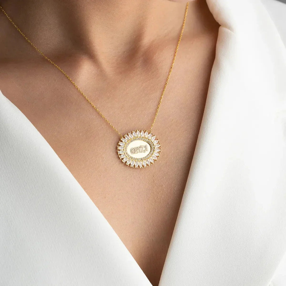 OVAL BAGUETTE STEIN GRAVUR HALSKETTE | 925 SILBER