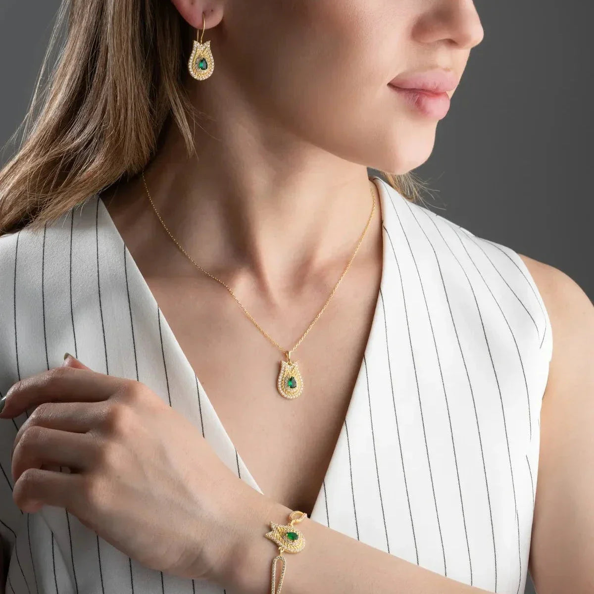 SMARAGDGRÜNES TULPEN-SCHMUCKSET | 925 SILBER