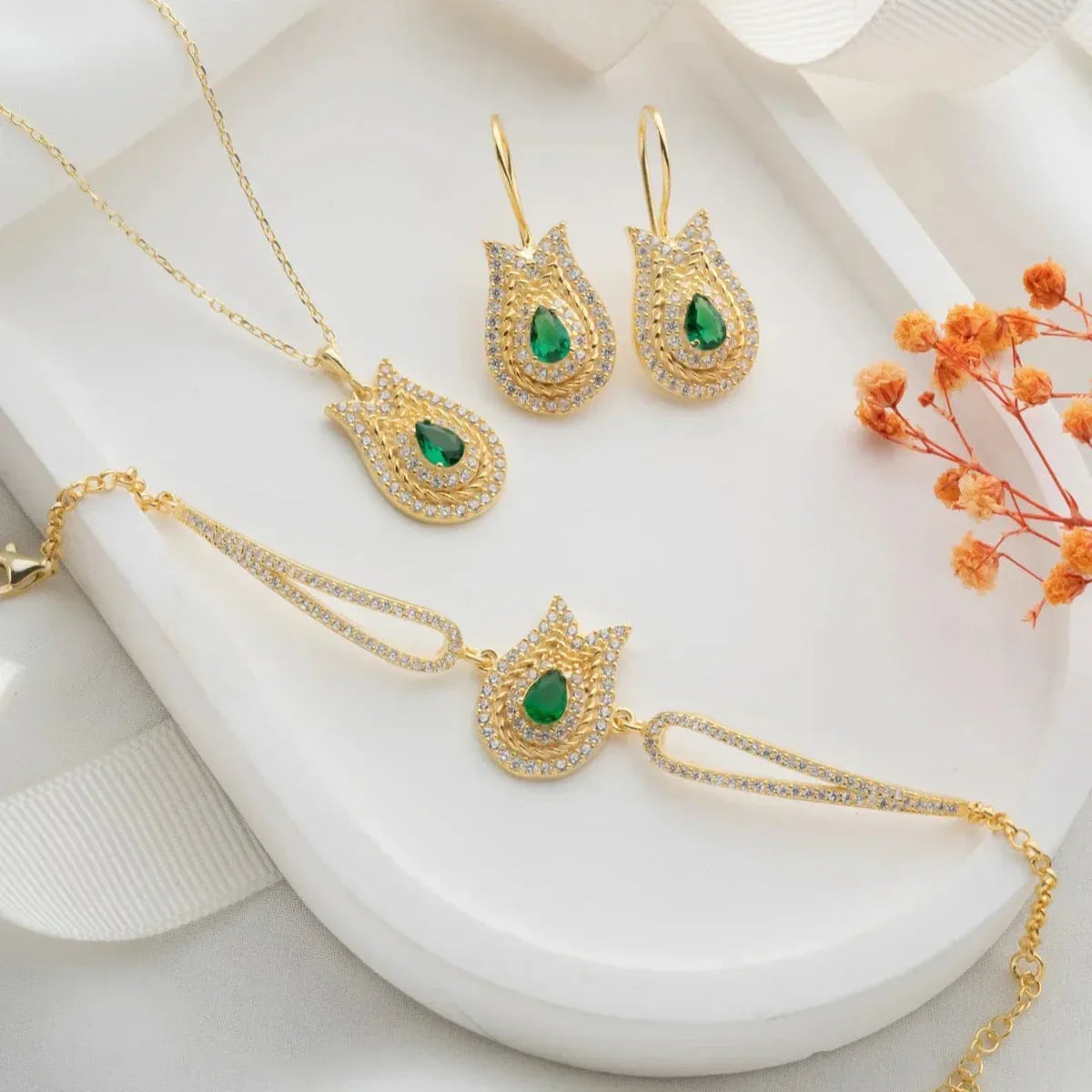 SMARAGDGRÜNES TULPEN-SCHMUCKSET | 925 SILBER