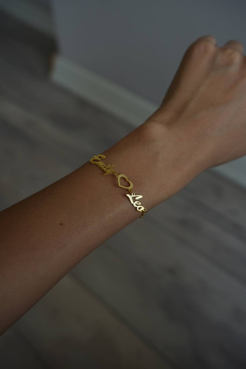 ZWEIER NAMENS ARMKETTE MIT HERZ RAHMEN | 925 SILBER