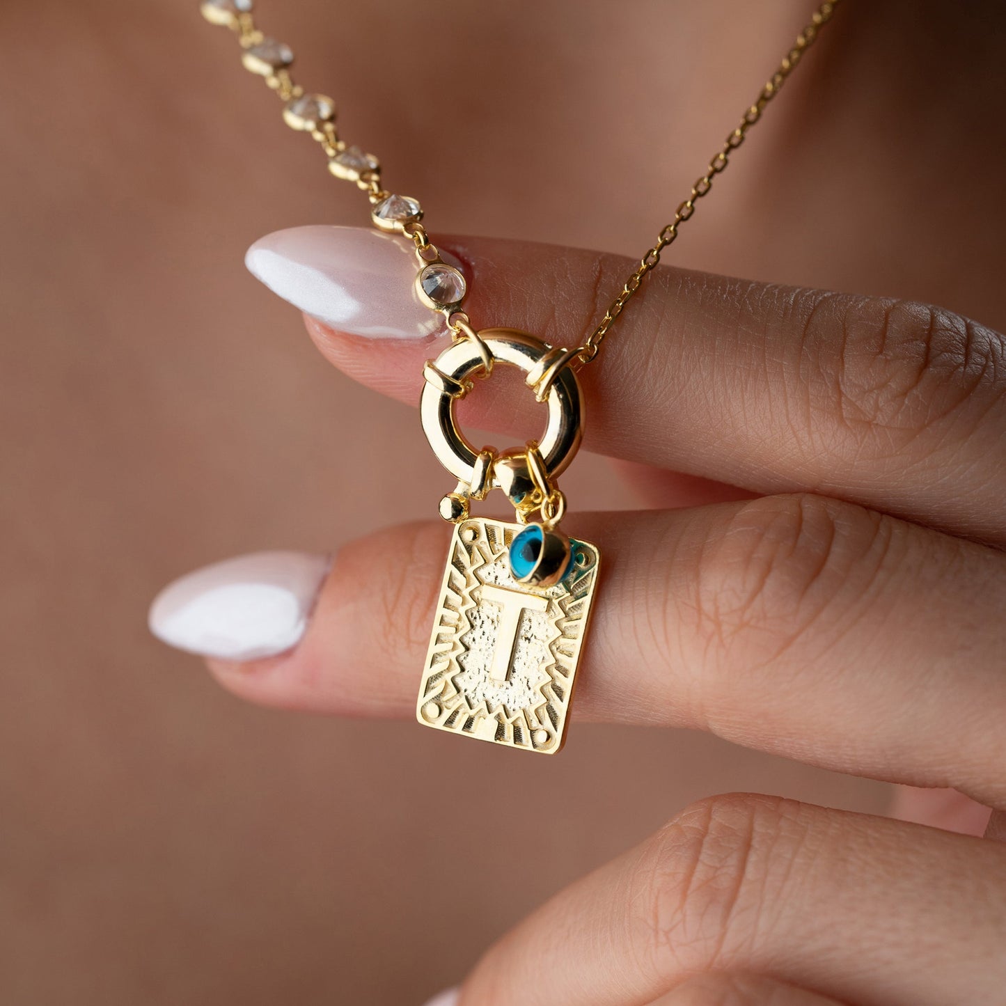 CHAIN DESIGN ICED BUCHSTABE MIT NAZAR | 925 SILBER