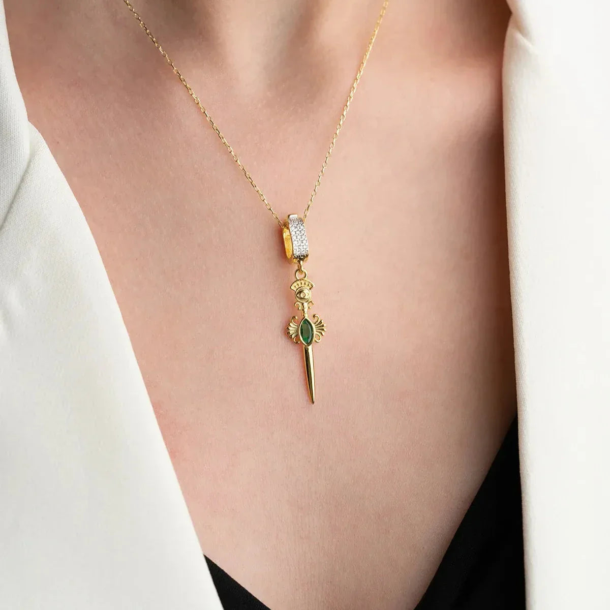 GRÜNE STEIN SCHWERT HALSKETTE | 925 SILBER