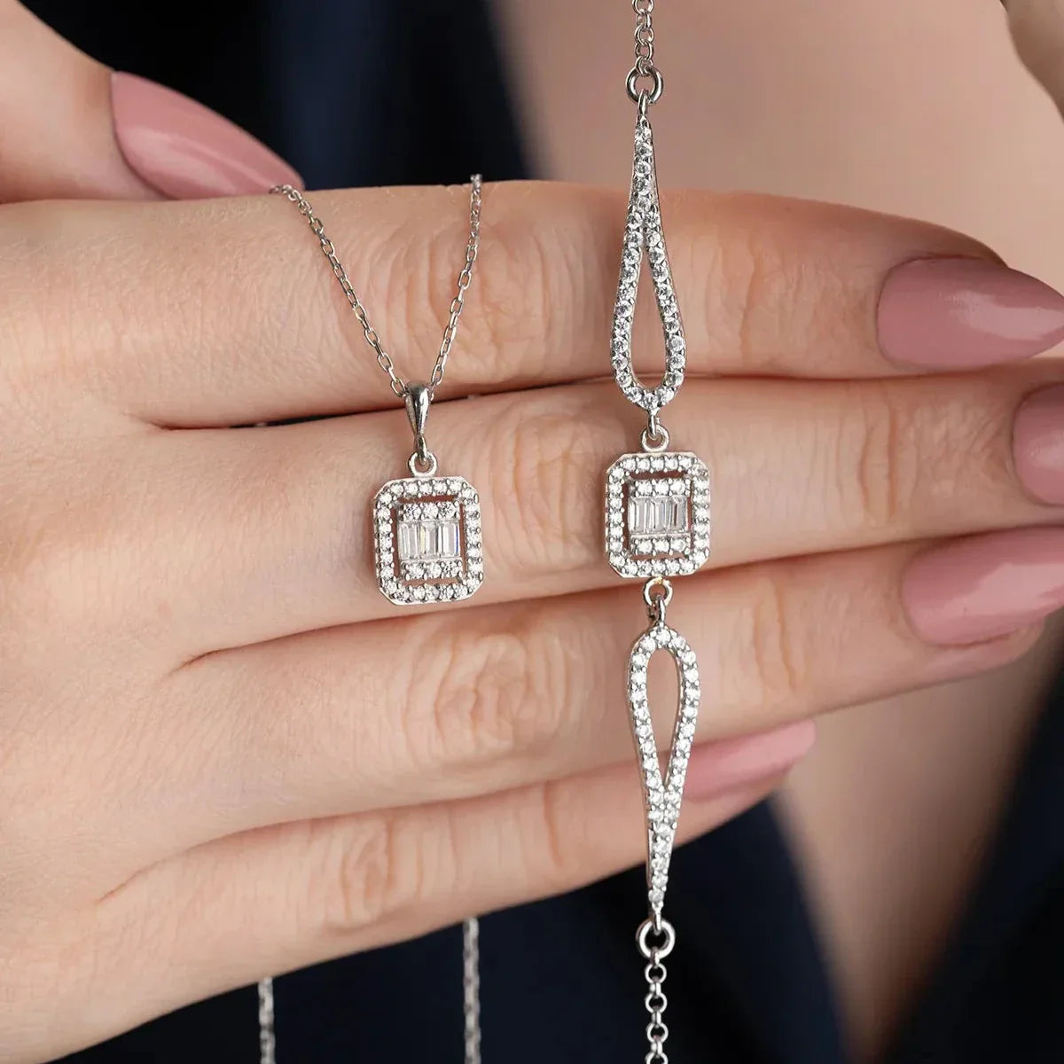BAGUETTE STEIN HALSKETTE ARMBAND SET | 925 SILBER