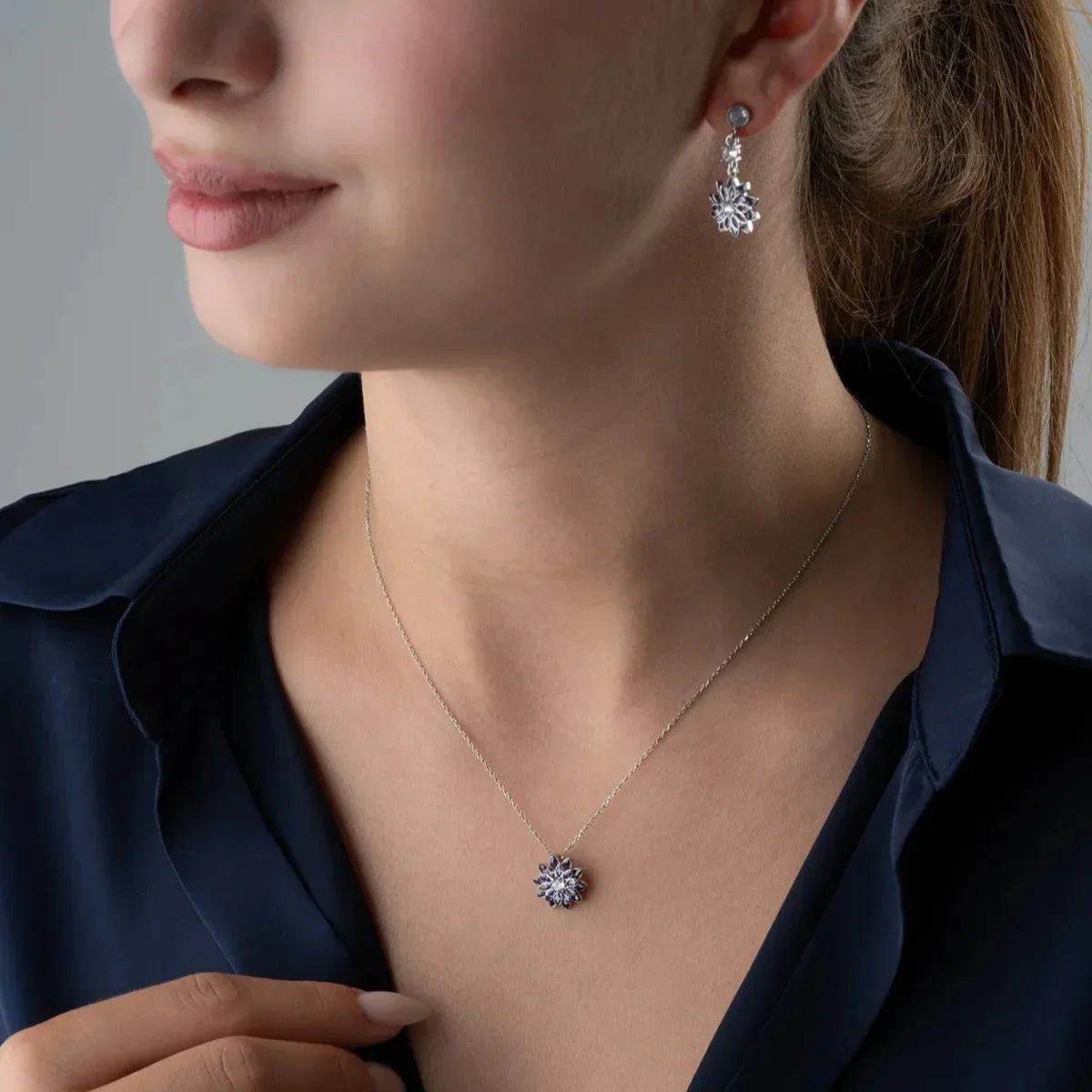 LILA EINZELSTEIN LOTUS HALSKETTE OHRRING RING SET | 925 SILBER