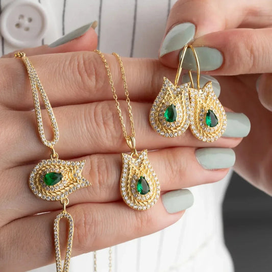 SMARAGDGRÜNES TULPEN-SCHMUCKSET | 925 SILBER