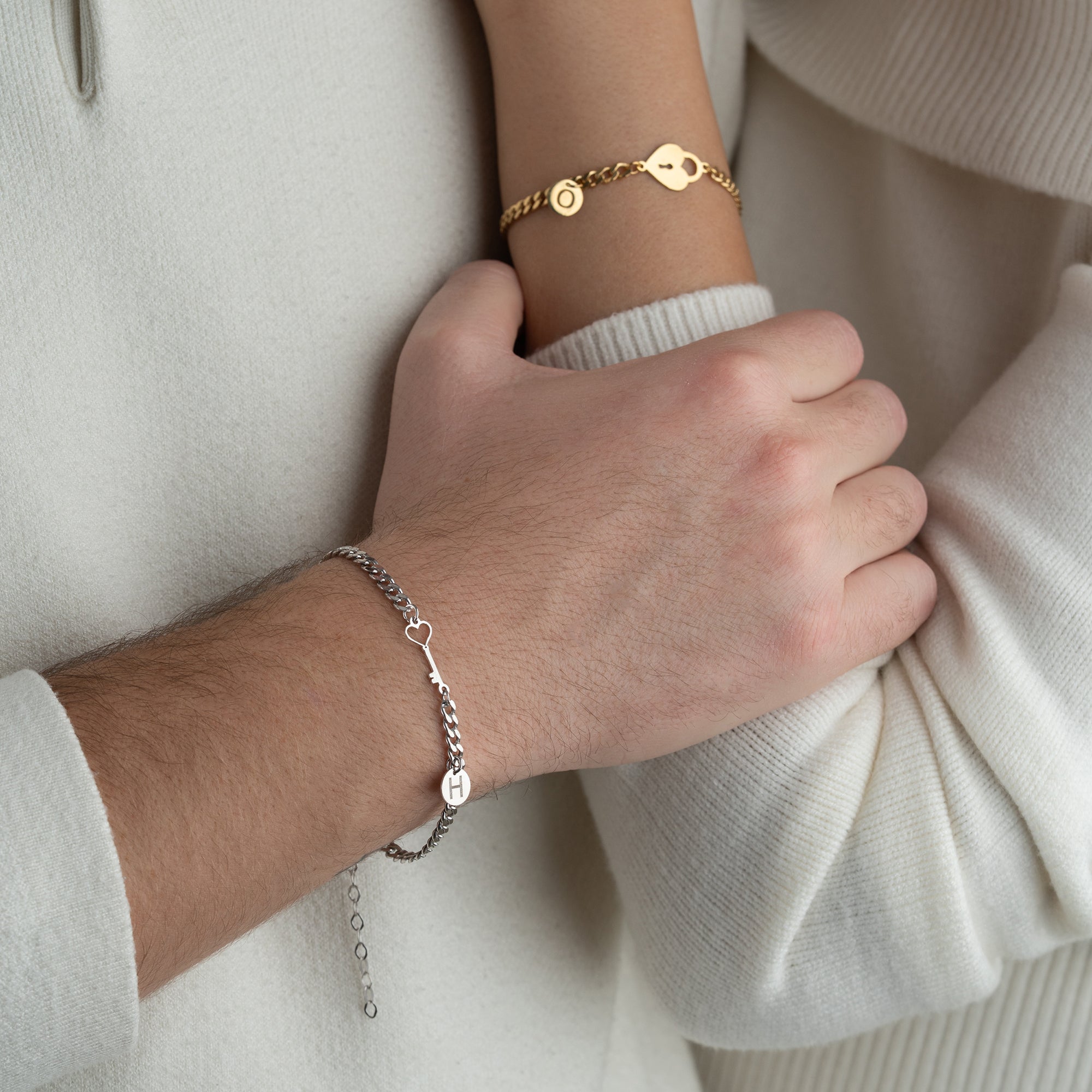 SCHLOSS SCHLÜSSEL UND BUCHSTABE PARTNERARMBAND | 925 SILBER