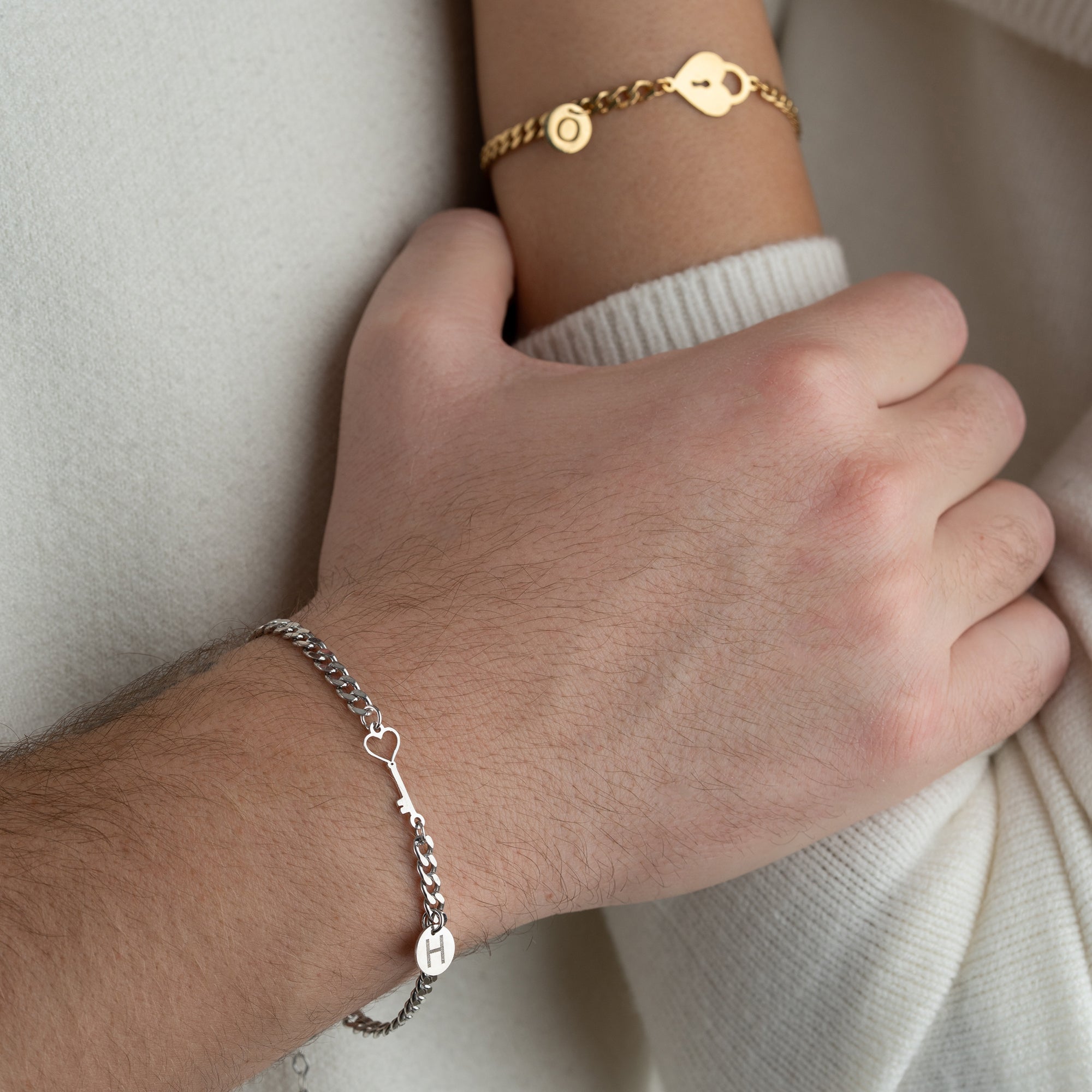 SCHLOSS SCHLÜSSEL UND BUCHSTABE PARTNERARMBAND | 925 SILBER