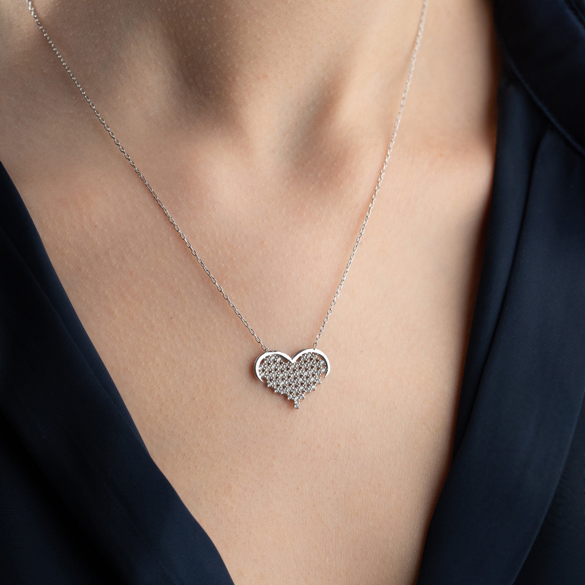STRASS STEIN HERZ HALSKETTE | 925 SILBER